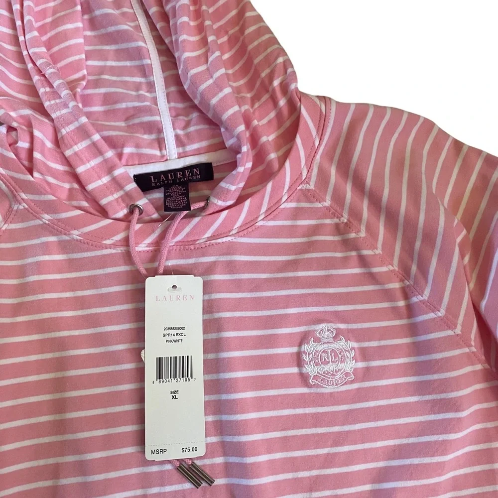 NWT Ralph Lauren Pink White Striped Pullover Sweatshirt Hoodie Women's XL - Picture 3 of 6